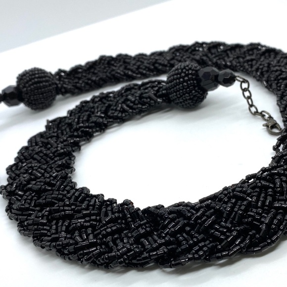 Black Seed Bead Bohemian Wide Braided Collar Necklace - Picture 7 of 8